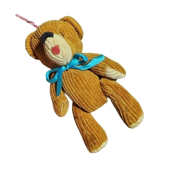 Vintage mini Corduroy bear ornament tan with blue bow moveable - Picture 5 of 13